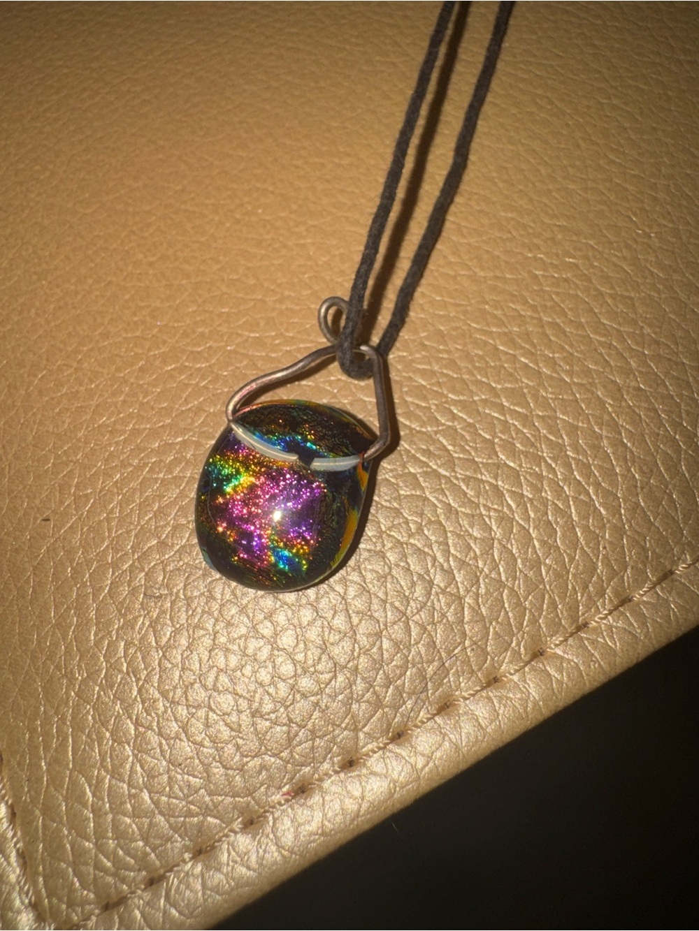 Handmade Dichroic Glass Pendant Necklace - Black Cord, Rainbow Sparkle
